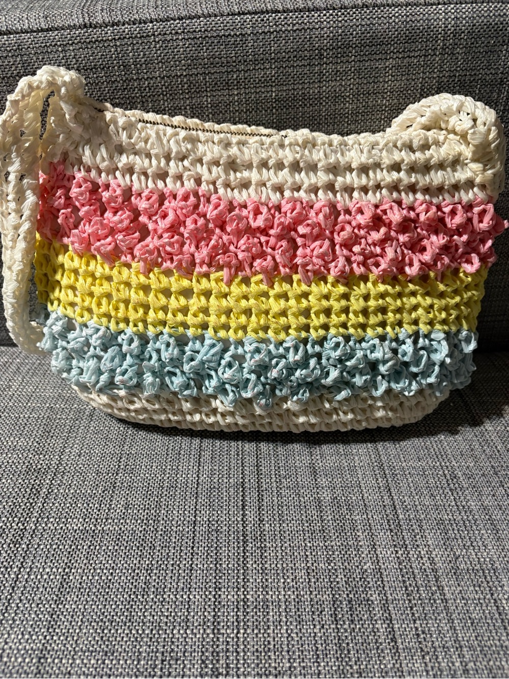Vintage Shoulder Bag in Cream with Pink, Yellow & Light Blue Stripes